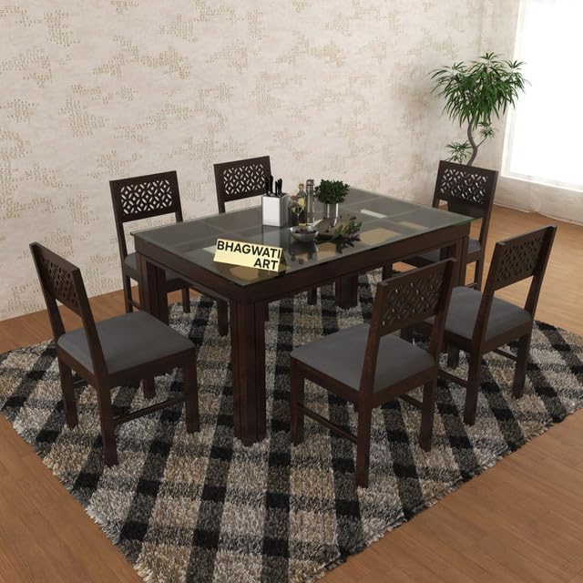 Bhagwati Art Sheesham Wood Dining Set with Urban Glass Top – Modern in Walnut Finish