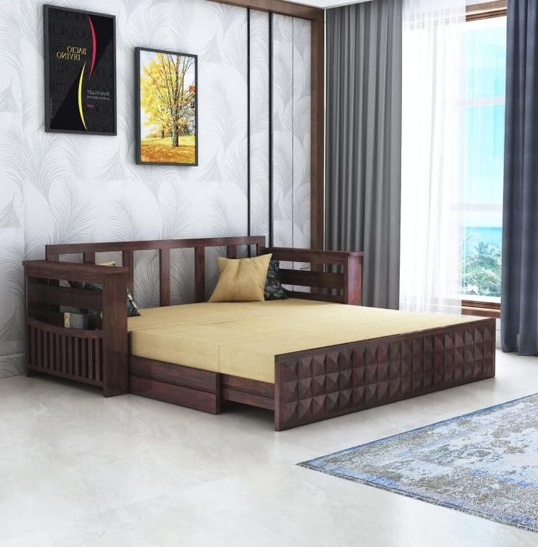 Bhagwati Art Diamond 3 seater sofa cum bed in Walnut finish in a living room