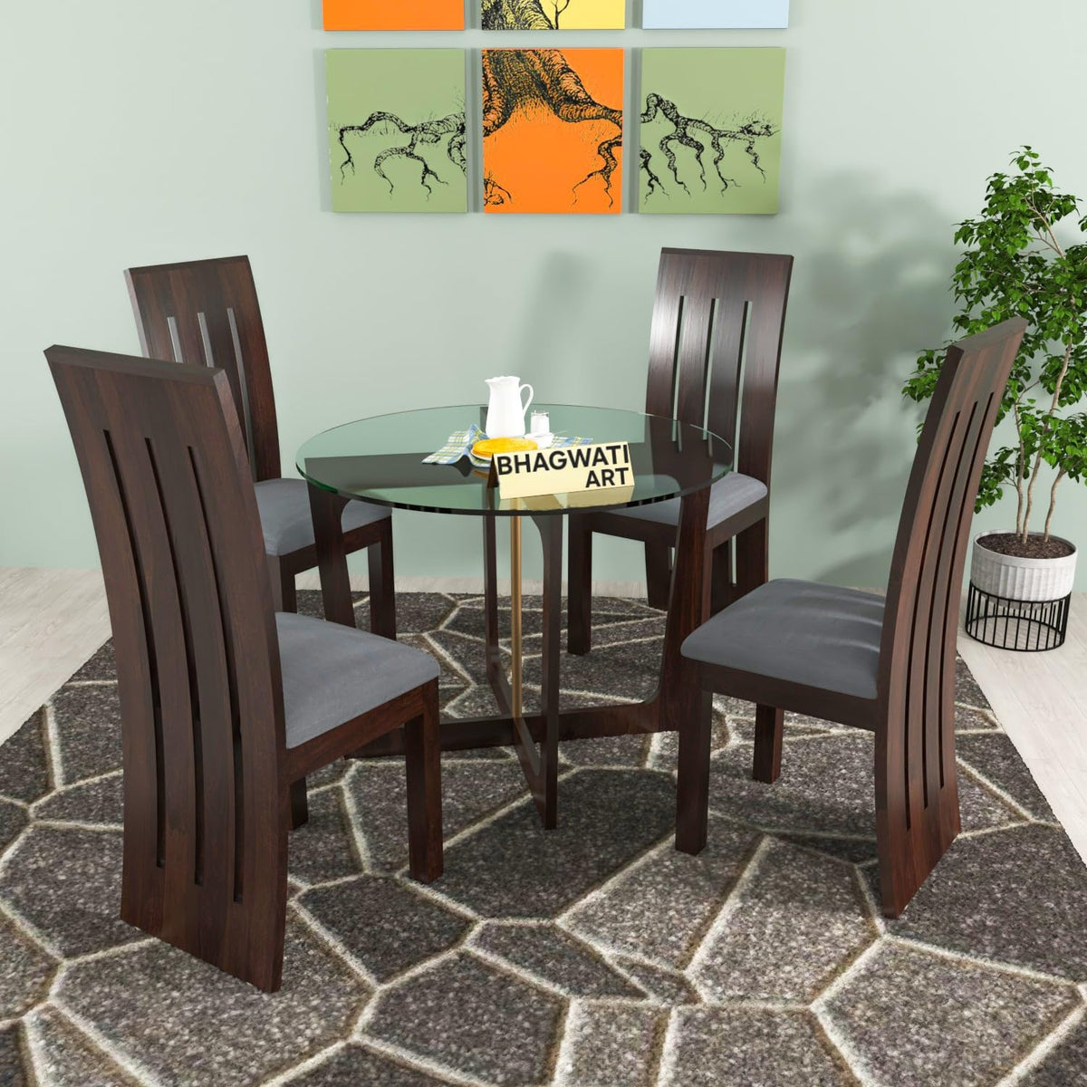 Bhagwati Art Sheesham Wood Dining Set with Poster Chairs – Round Design in Walnut Finish