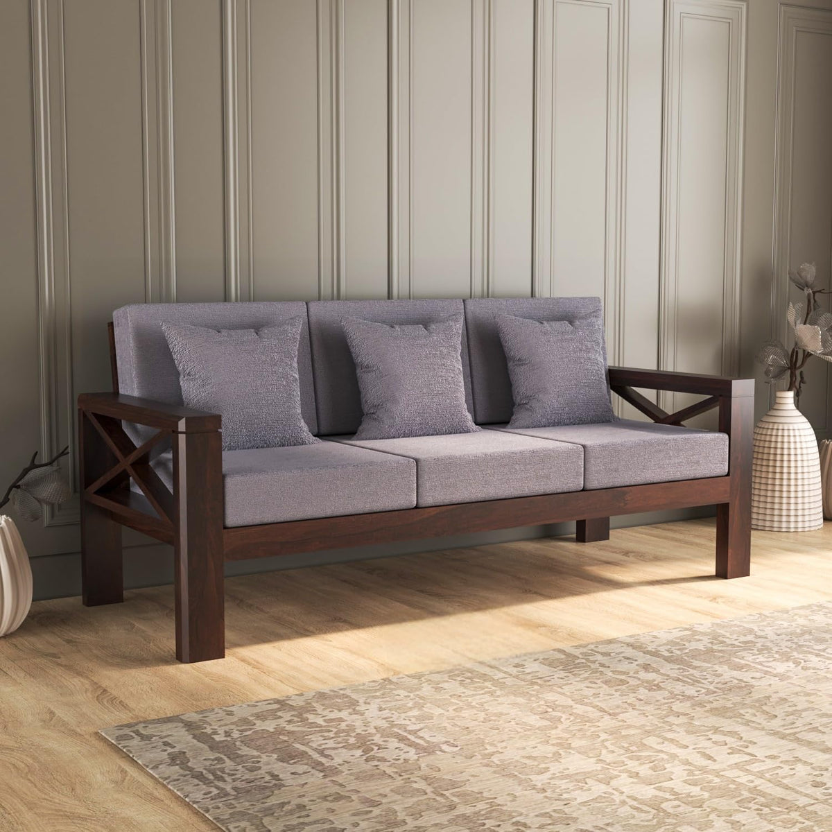 Bhagwati Art Sheesham Wood 3 Seater Sofa with X Design Armrests – view 16