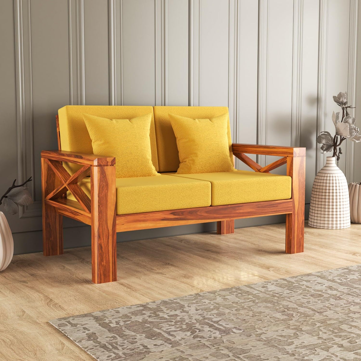 Bhagwati Art Sheesham Wood 2 Seater Sofa with X Design Armrests – view 26