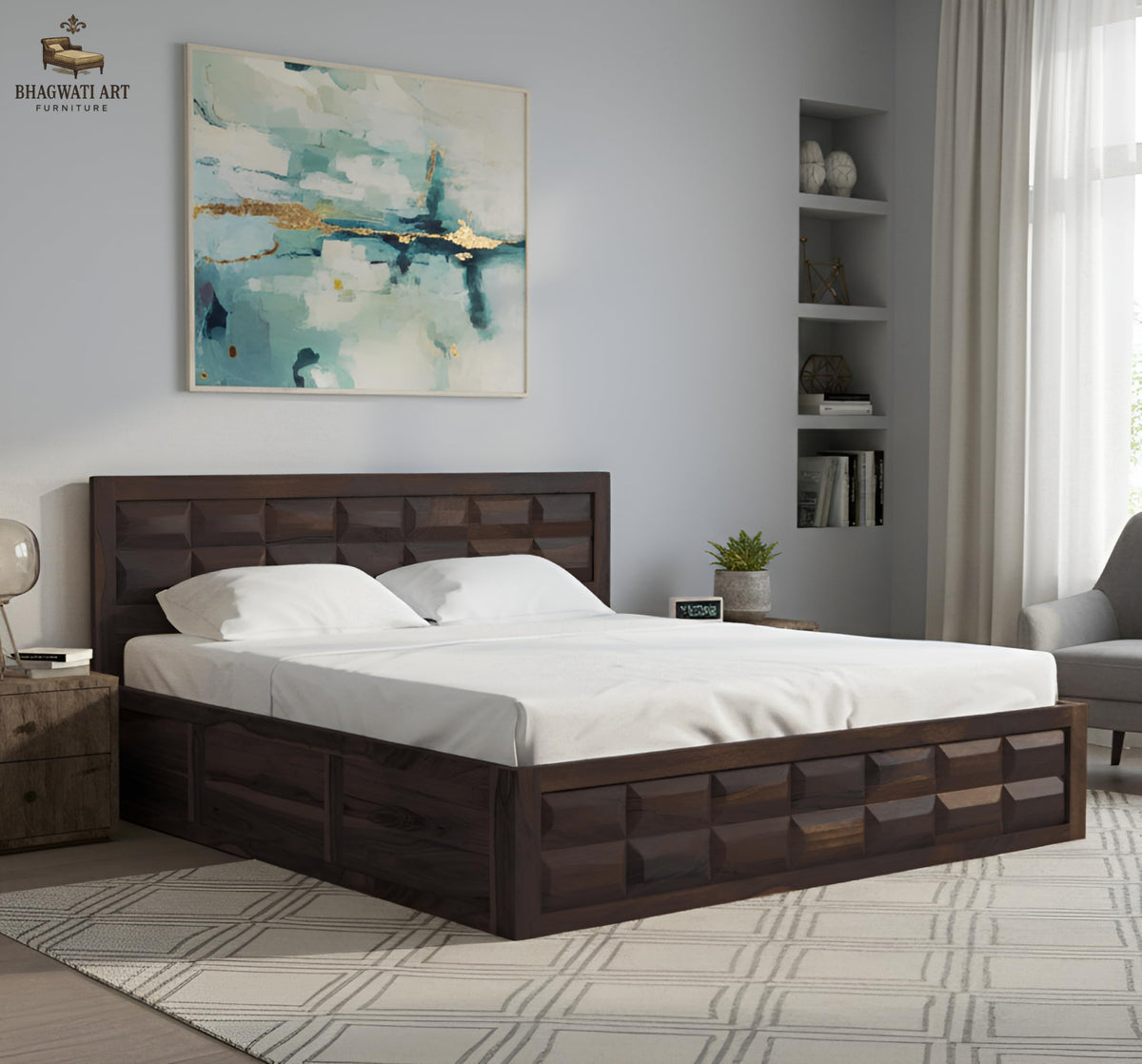 Bhagwati Art Barfi Sheesham wood storage bed in Walnut finish in a styled bedroom