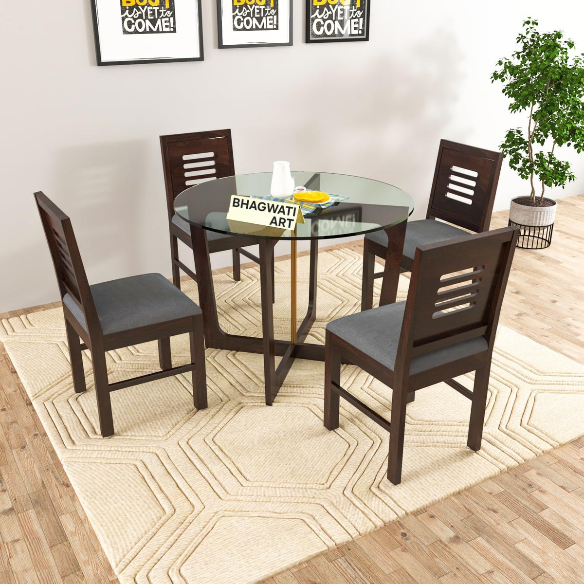 Bhagwati Art Sheesham Wood Dining Set with Urban Glass Top – Round in Walnut Finish
