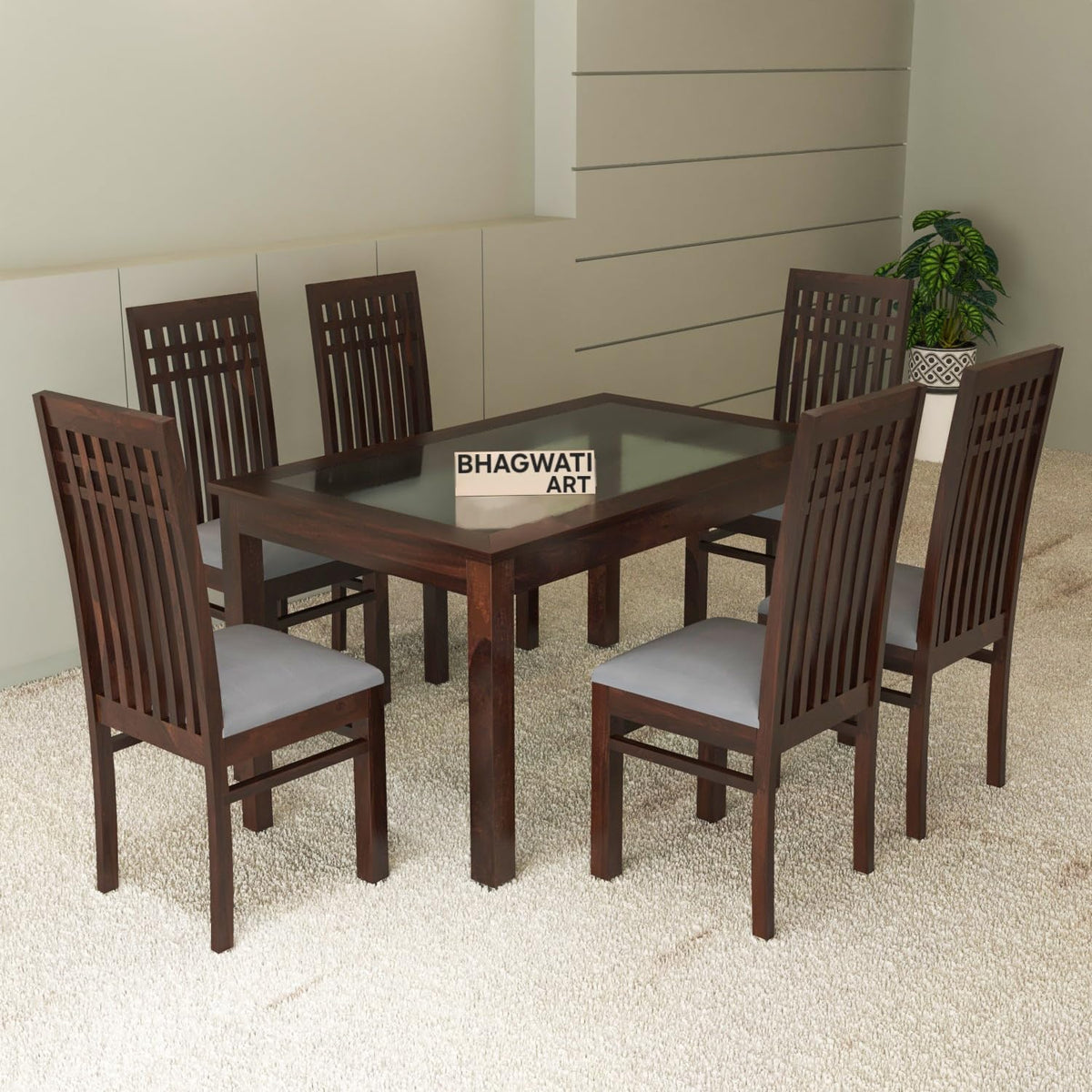 Bhagwati Art Sheesham Wood Dining Set with High Back Chairs – Plain in Walnut Finish