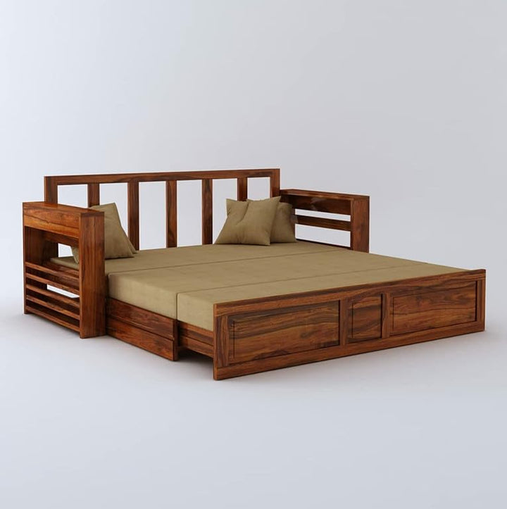 Bhagwati Art Sheesham Wood Sofa Cum Bed with Storage – Dalla Design in Honey Finish