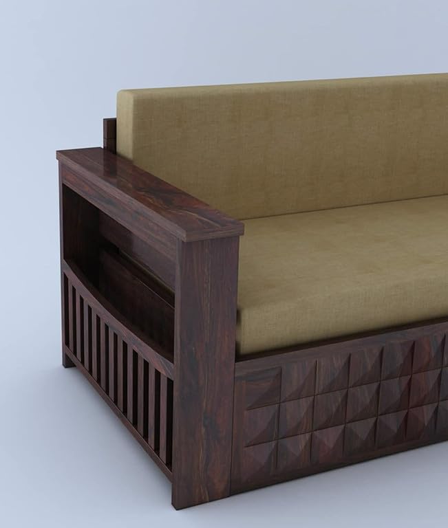 Close-up of armrest side pocket and diamond-cut front, Walnut finish