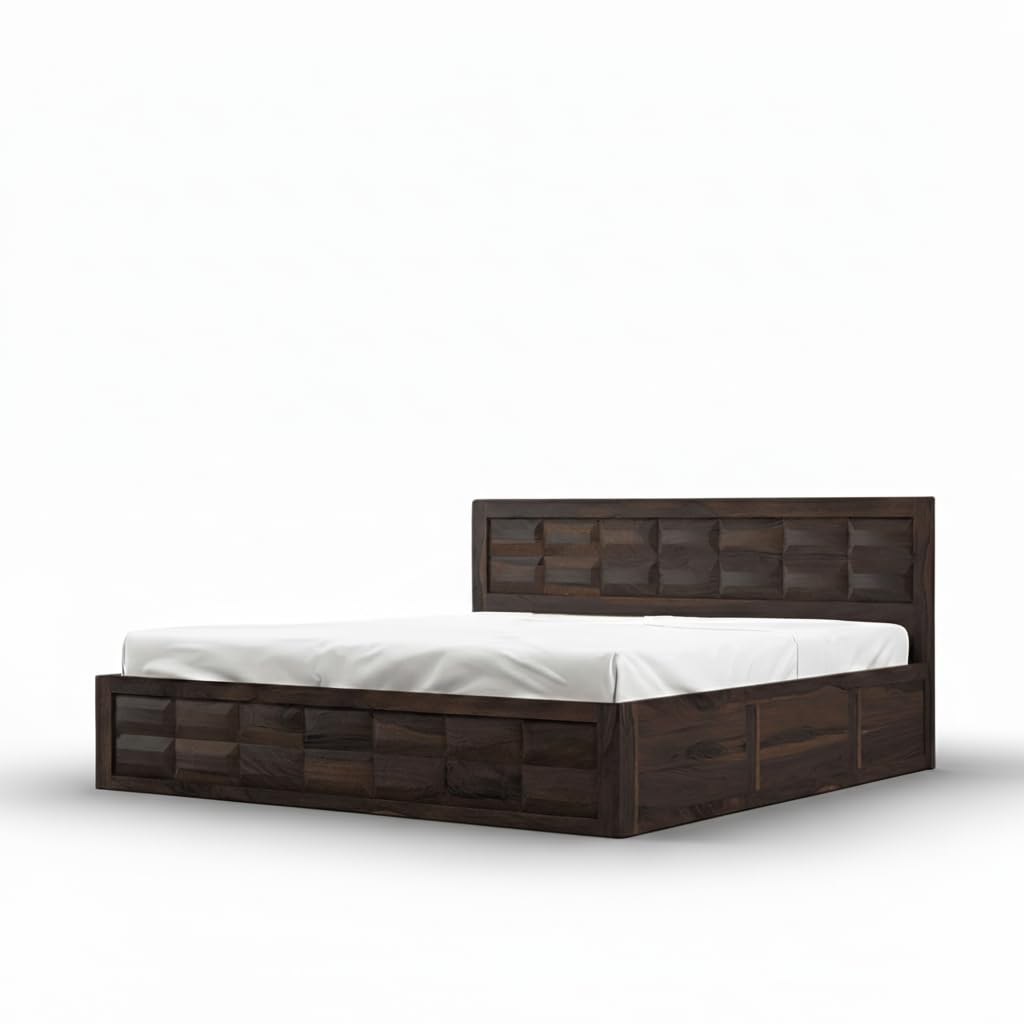 Barfi design Sheesham wood bed in Walnut finish, front angle