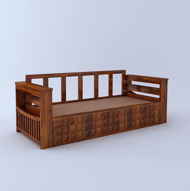 Slatted backrest and armrests of the Diamond sofa cum bed frame, Honey finish