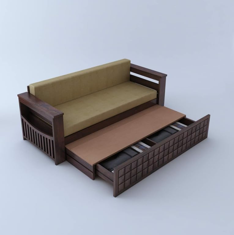 3 seater sofa cum bed with trolley pulled out, Walnut finish