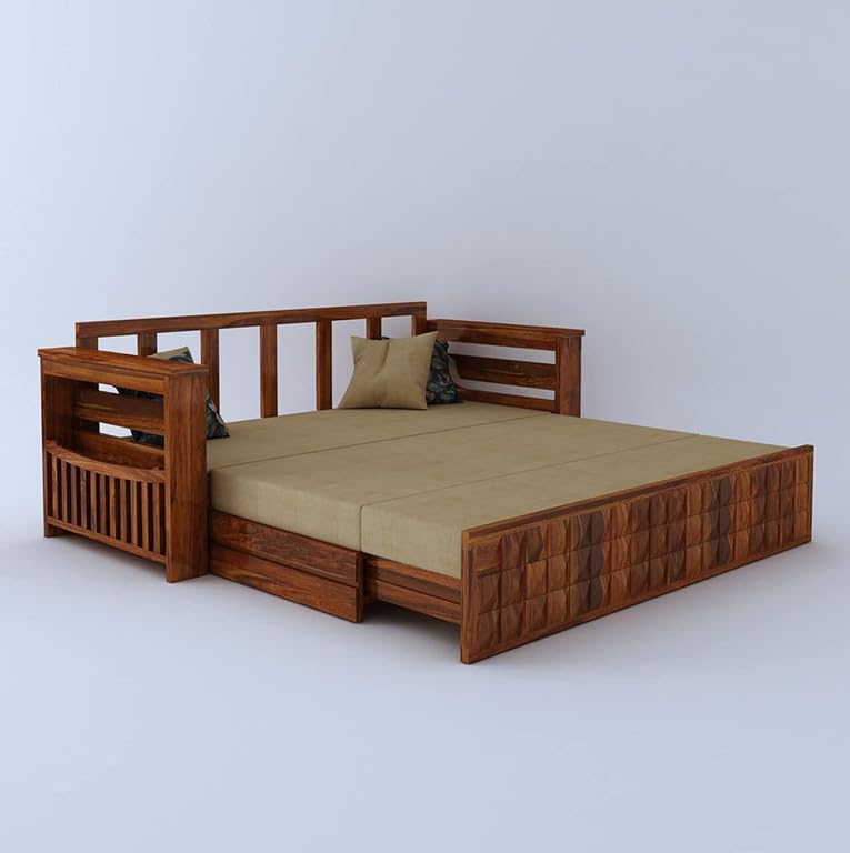 3 seater sofa cum bed fully opened as a bed, Honey finish