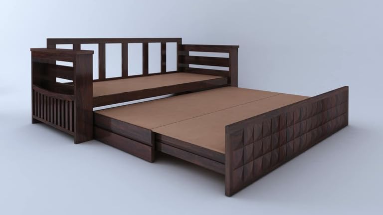 Sofa cum bed frame opened without mattress showing MDF base, Walnut finish