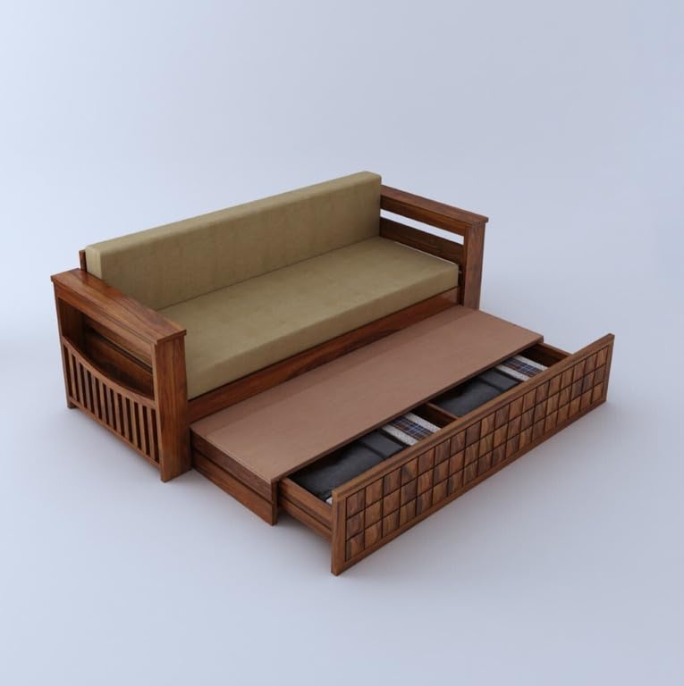 3 seater sofa cum bed with trolley pulled out showing mini storage, Honey finish