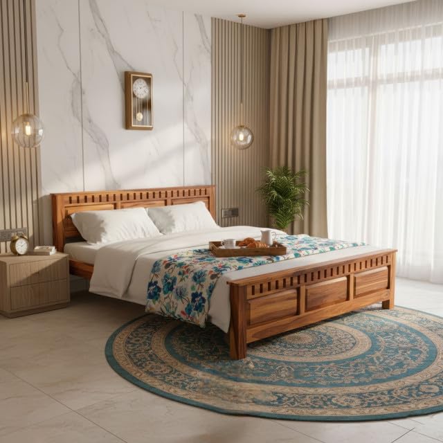 Bhagwati Art Sheesham Wood Bed without Storage – Kuber Design in Honey Finish