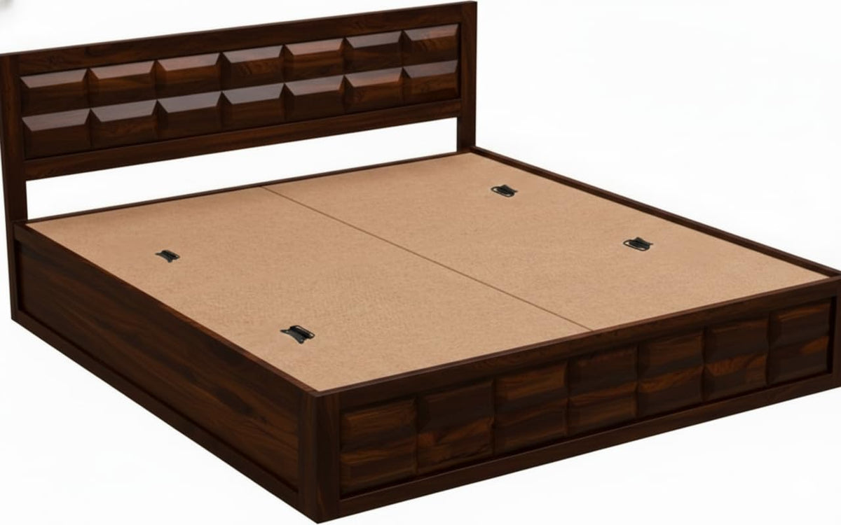 Box storage area of the Walnut finish Barfi bed with platform panels