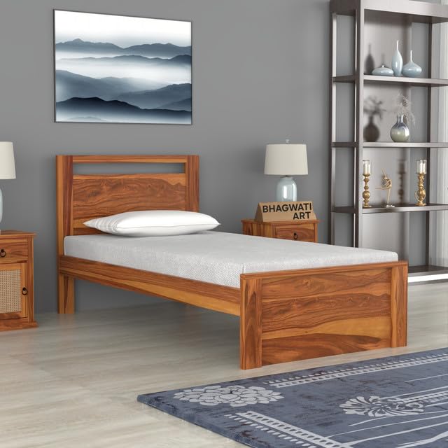 Bhagwati Art Sheesham Wood Single Bed without Storage – Modern Design in Honey Finish