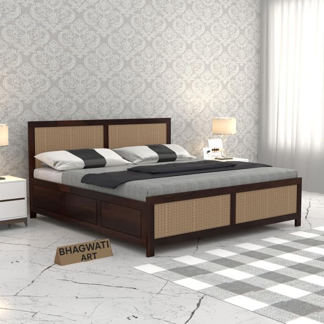 Bhagwati Art Sheesham Wood Bed with Box Storage – 4 Jali Rattan Cane in Walnut Finish