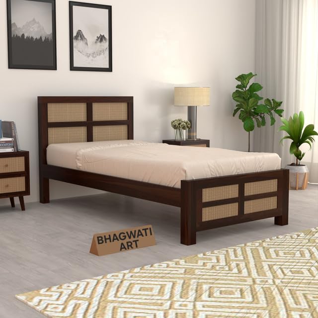Bhagwati Art Sheesham Single Bed without Storage – 8 Jali Rattan Cane in Walnut Finish