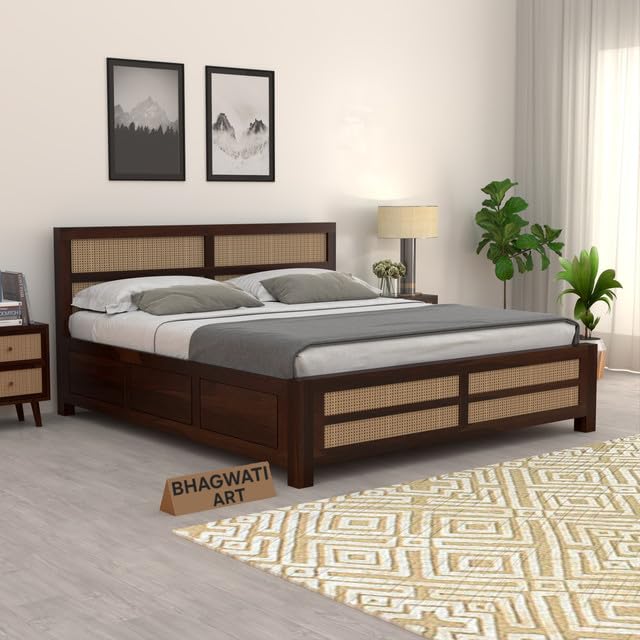 Bhagwati Art Sheesham Wood Bed with Box Storage – 8 Jali Rattan Cane in Walnut Finish