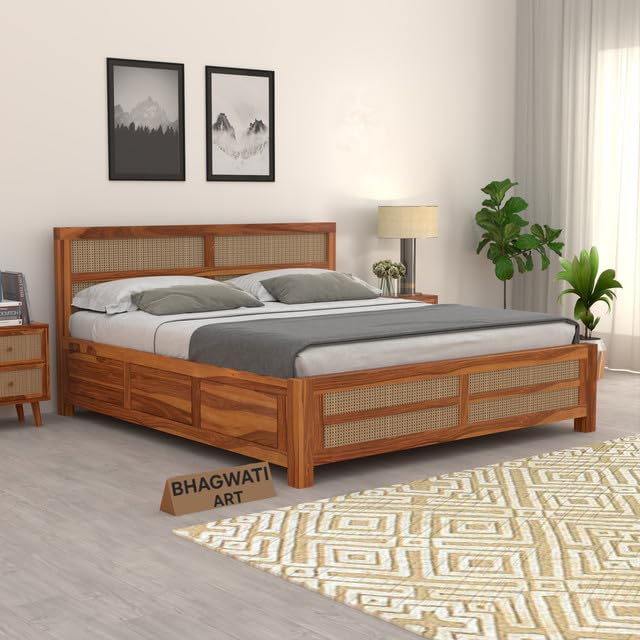 Bhagwati Art Sheesham Wood Bed with Box Storage – 8 Jali Rattan Cane in Honey Finish