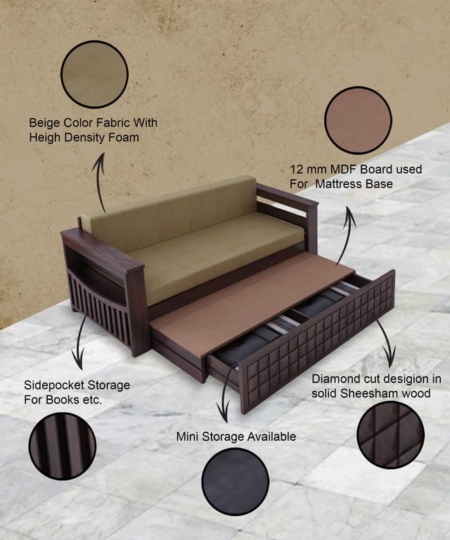 Feature callouts for the Walnut finish sofa cum bed
