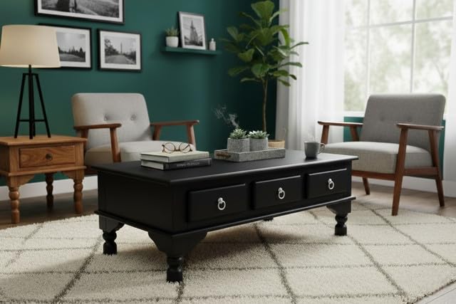 Bhagwati Art Sheesham Wood Coffee Table with Drawer Storage in Walnut Finish