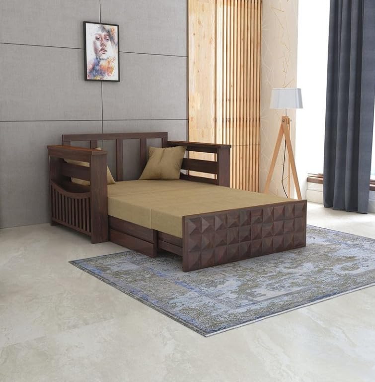 Diamond 2 seater sofa cum bed in Walnut finish opened as a bed