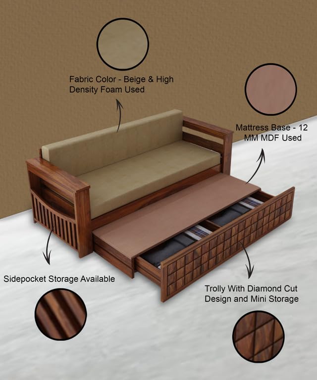 Feature callouts: side pocket storage, 12 mm MDF mattress base, beige high density foam