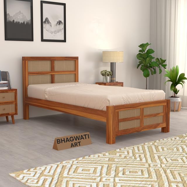 Bhagwati Art Sheesham Single Bed without Storage – 8 Jali Rattan Cane in Honey Finish