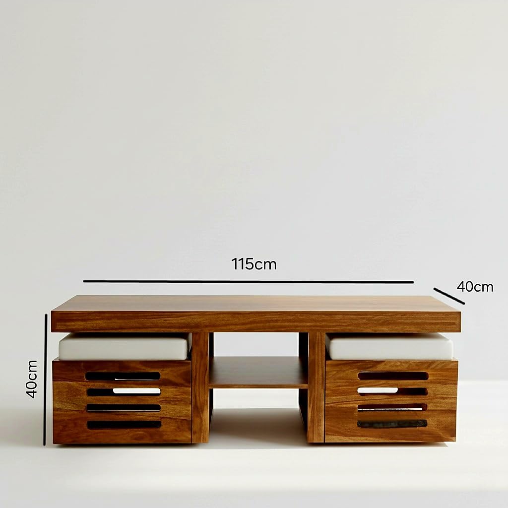 Bhagwati Art Sheesham Rectangle Coffee Table with 2 Cushioned Stools – view 5