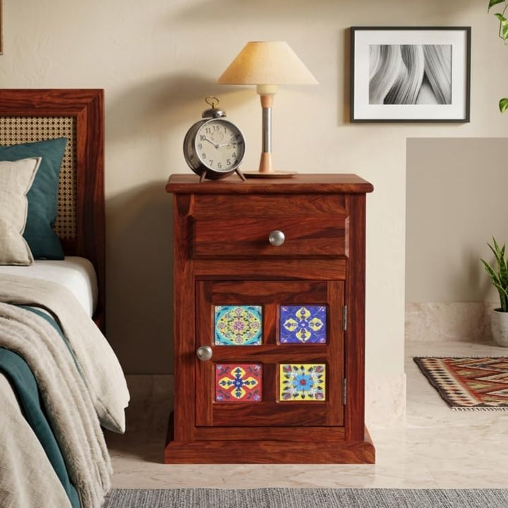 Bhagwati Art Sheesham Wood Bedside Table with Drawer – Tile Design in Honey Finish