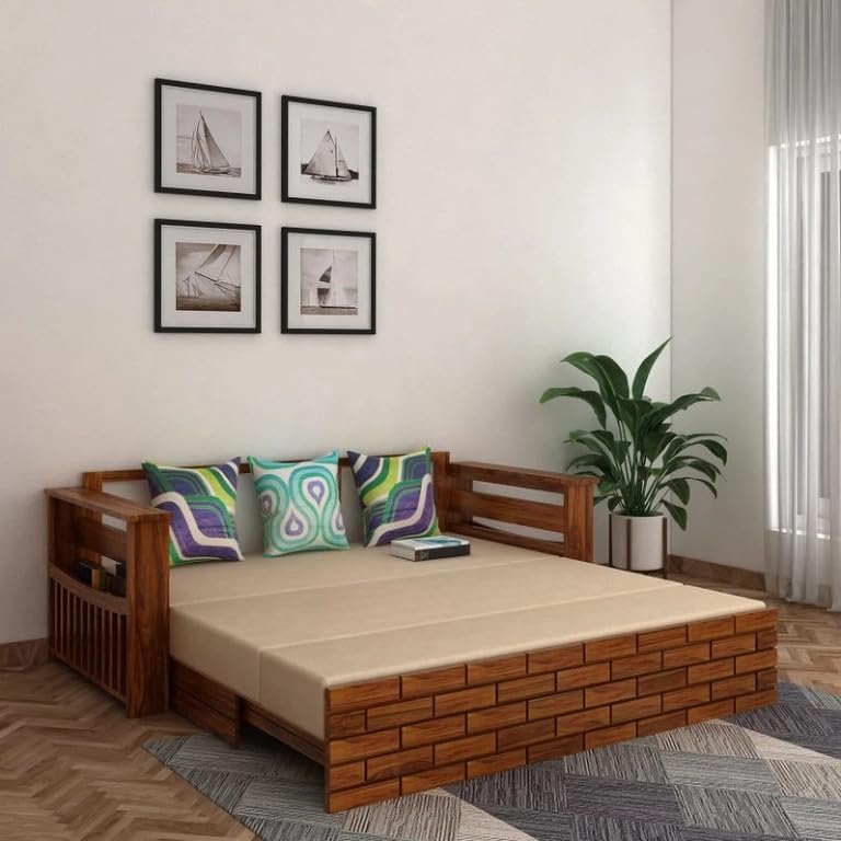 Bhagwati Art Sheesham Wood Sofa Cum Bed with Storage – ENT Design in Honey Finish