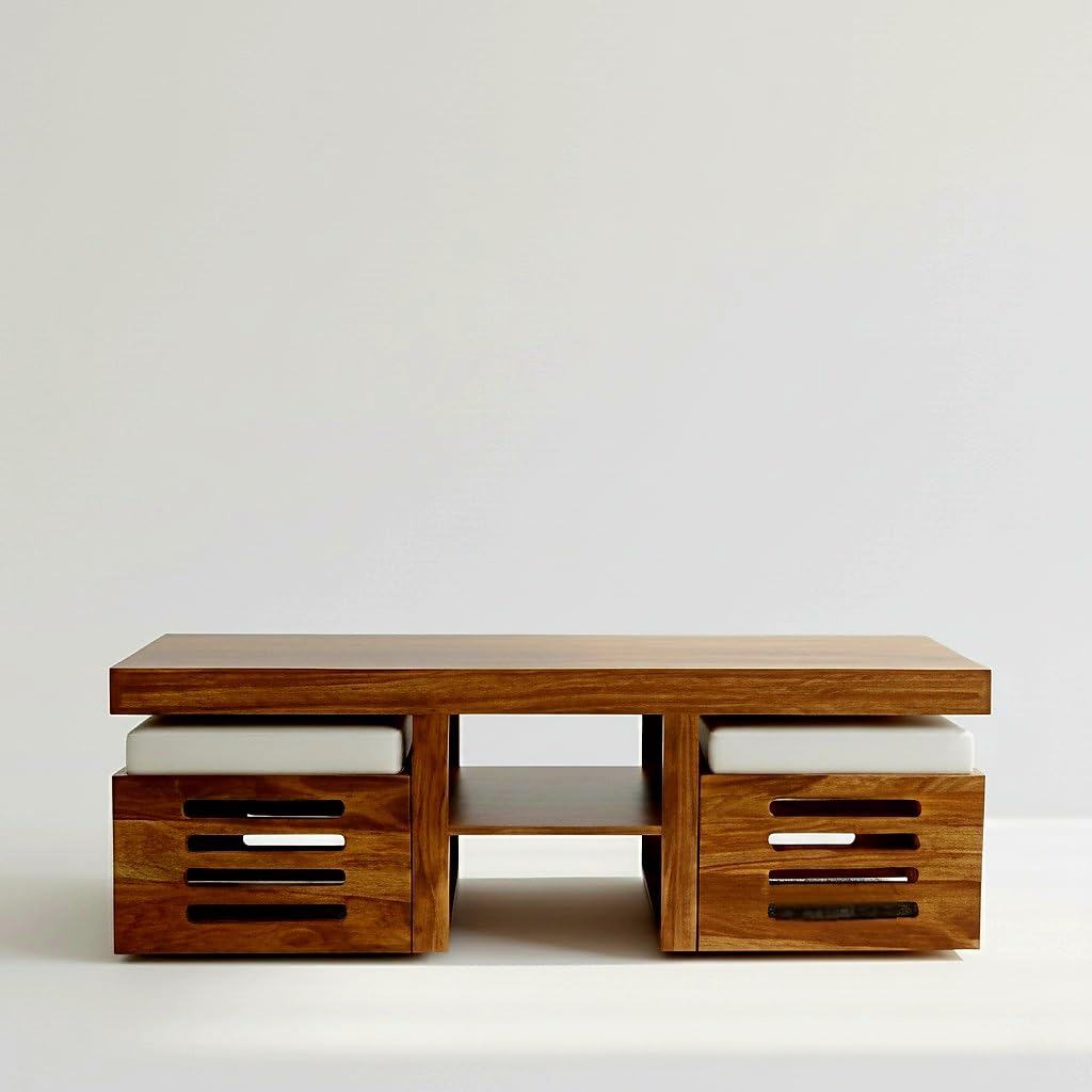 Bhagwati Art Sheesham Rectangle Coffee Table with 2 Cushioned Stools – view 6