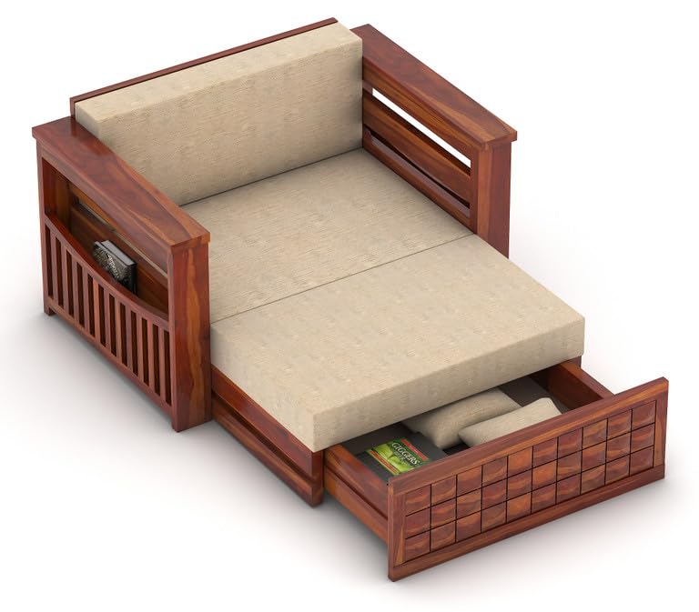 2 seater sofa cum bed with trolley storage drawer open, Honey finish