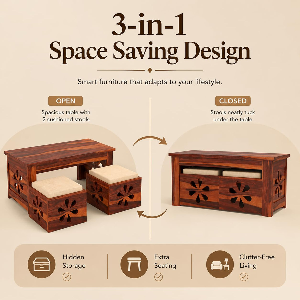 Bhagwati Art Sheesham Coffee Table with 2 Stools – Floral Jaali Design – view 5