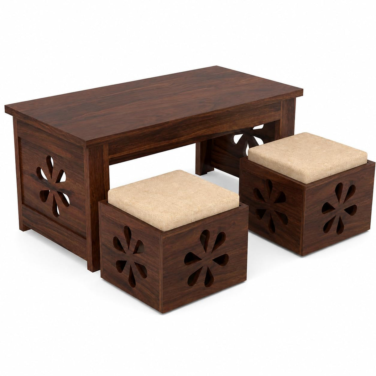 Bhagwati Art Sheesham Coffee Table with 2 Stools – Floral Jaali Design – view 11