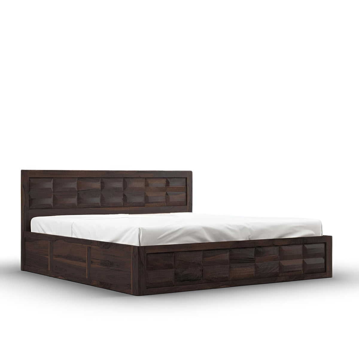 Barfi design Sheesham wood bed in Walnut finish, side angle