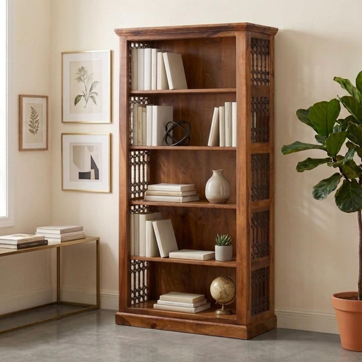 Bhagwati Art Sheesham Wood 5-Shelf Bookshelf – Jaali Design in Honey Finish