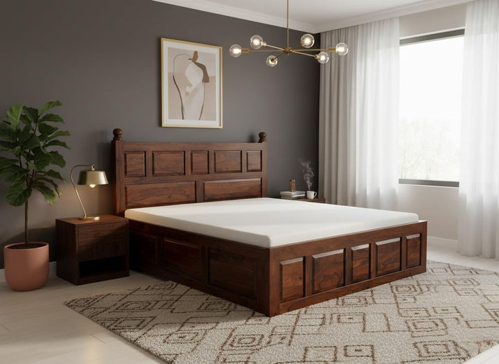 Bhagwati Art Sheesham Wood Bed with Box Storage – Lattu Design in Dark Red Mogin