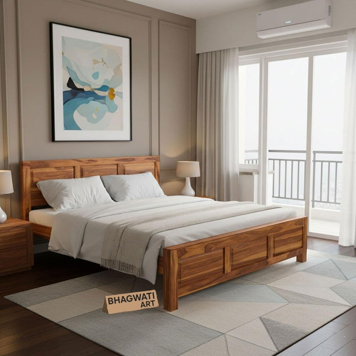 Bhagwati Art Sheesham Wood Bed without Storage – 3 Dalla Design in Honey Finish