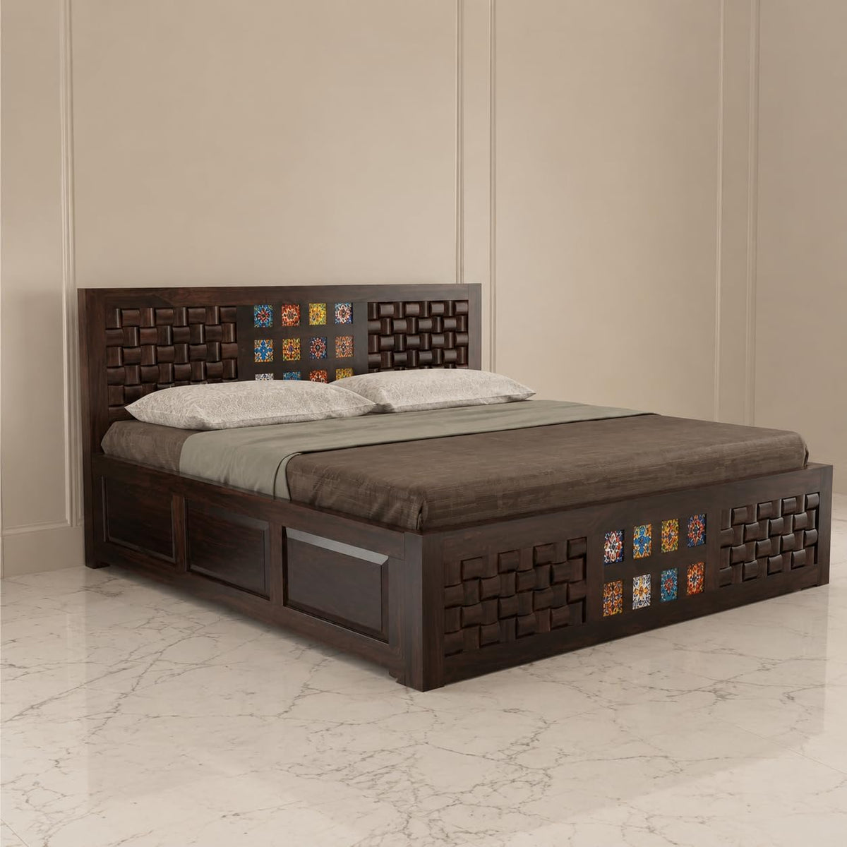 Bhagwati Art Sheesham Bed with Storage & 2 Bedside Tables – Niwar Tile in Walnut Finish