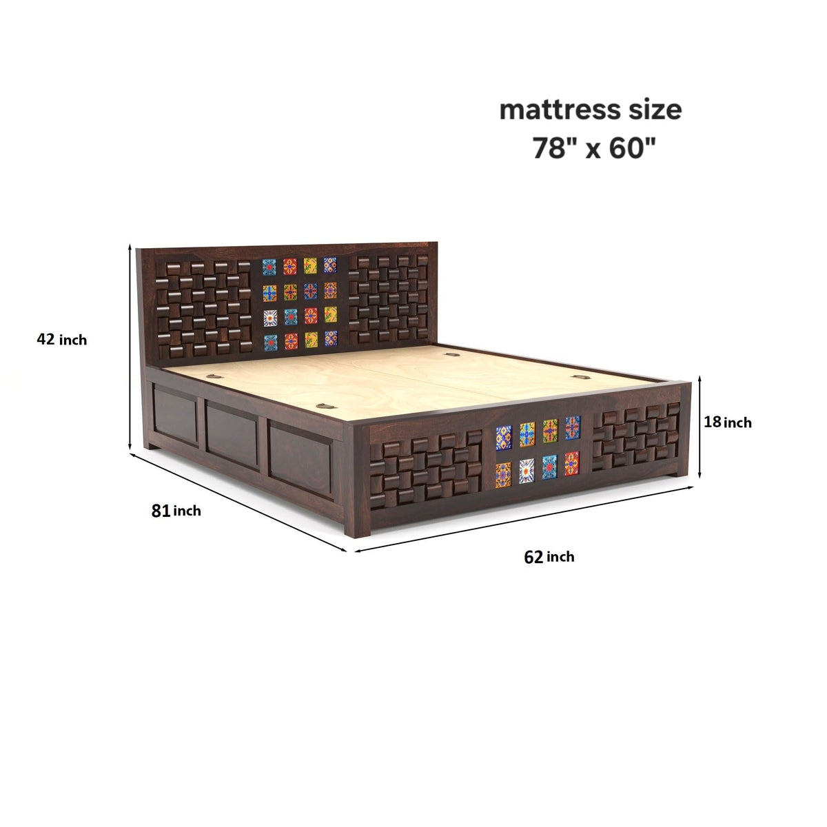 Bhagwati Art Sheesham Bed with Storage & 2 Bedside Tables – Niwar Tile – view 23