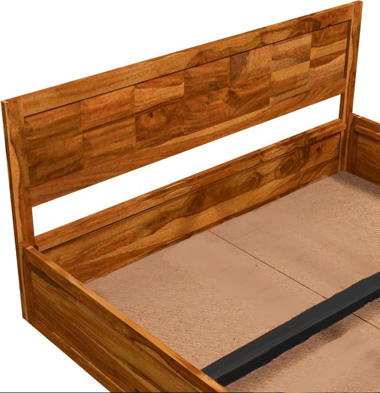 Close-up of Barfi pattern headboard and metal rod support in Honey finish
