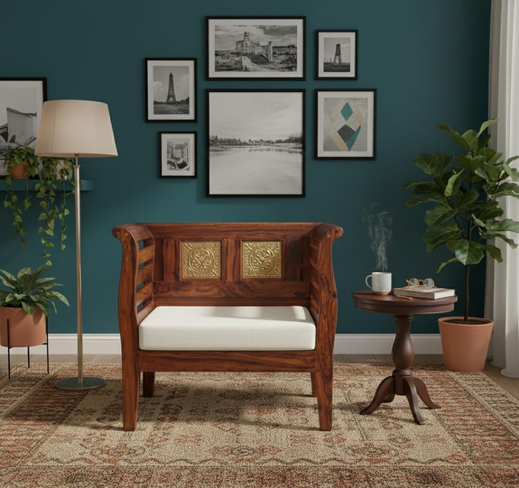 Bhagwati Art Sheesham Wood Thapa Sofa Chair with Cushion in Honey Finish