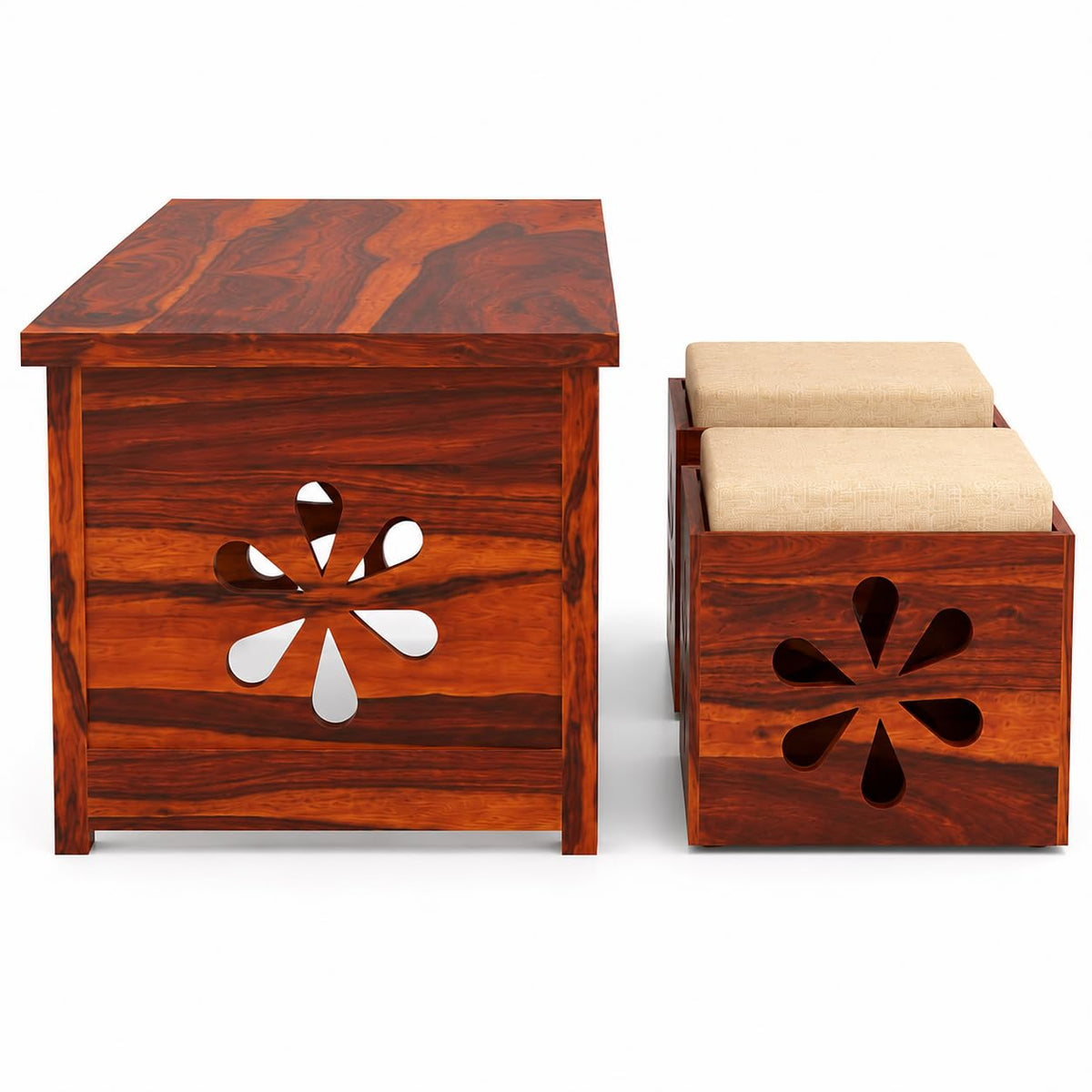 Bhagwati Art Sheesham Coffee Table with 2 Stools – Floral Jaali Design – view 4