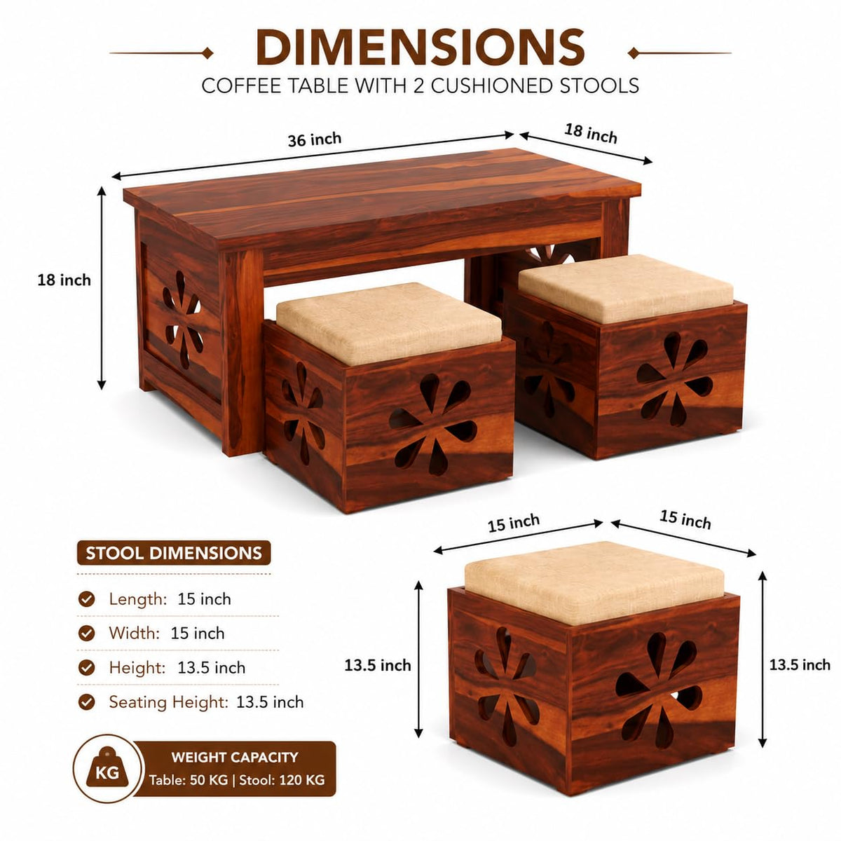Bhagwati Art Sheesham Coffee Table with 2 Stools – Floral Jaali Design – view 2