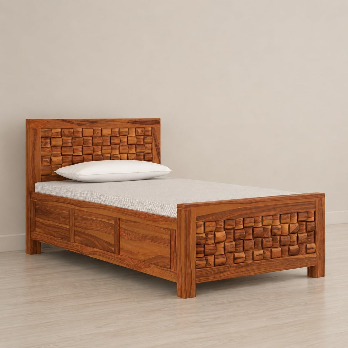 Bhagwati Art Sheesham Single Bed with Storage & 1 Bedside Table – Niwar in Honey Finish