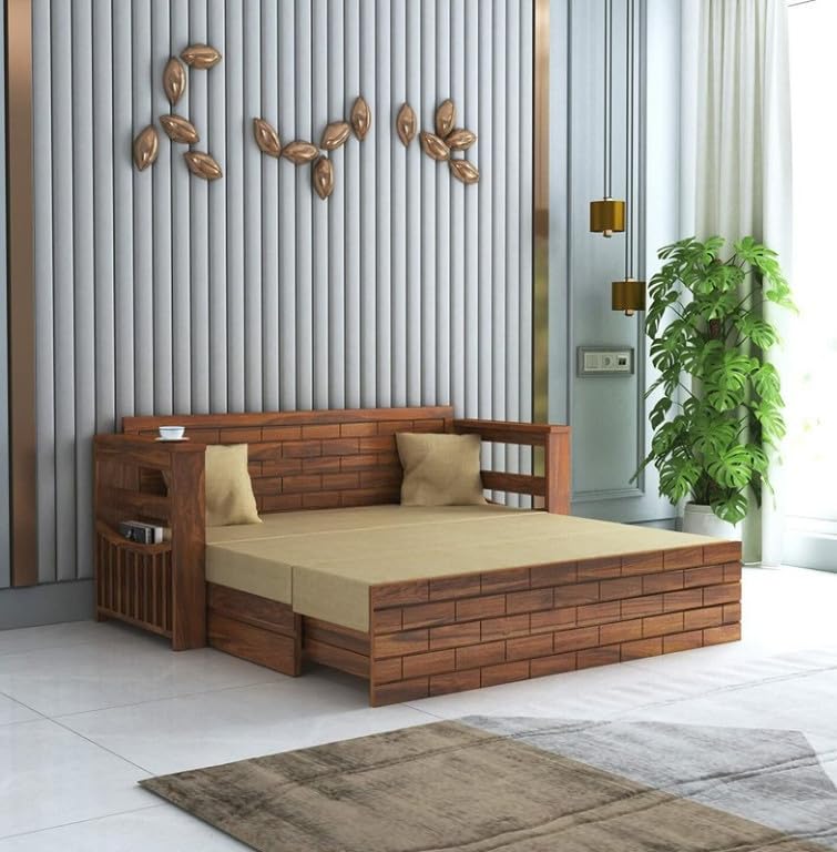 Bhagwati Art Sheesham Wood Sofa Cum Bed with Storage – Full ENT Design in Honey Finish
