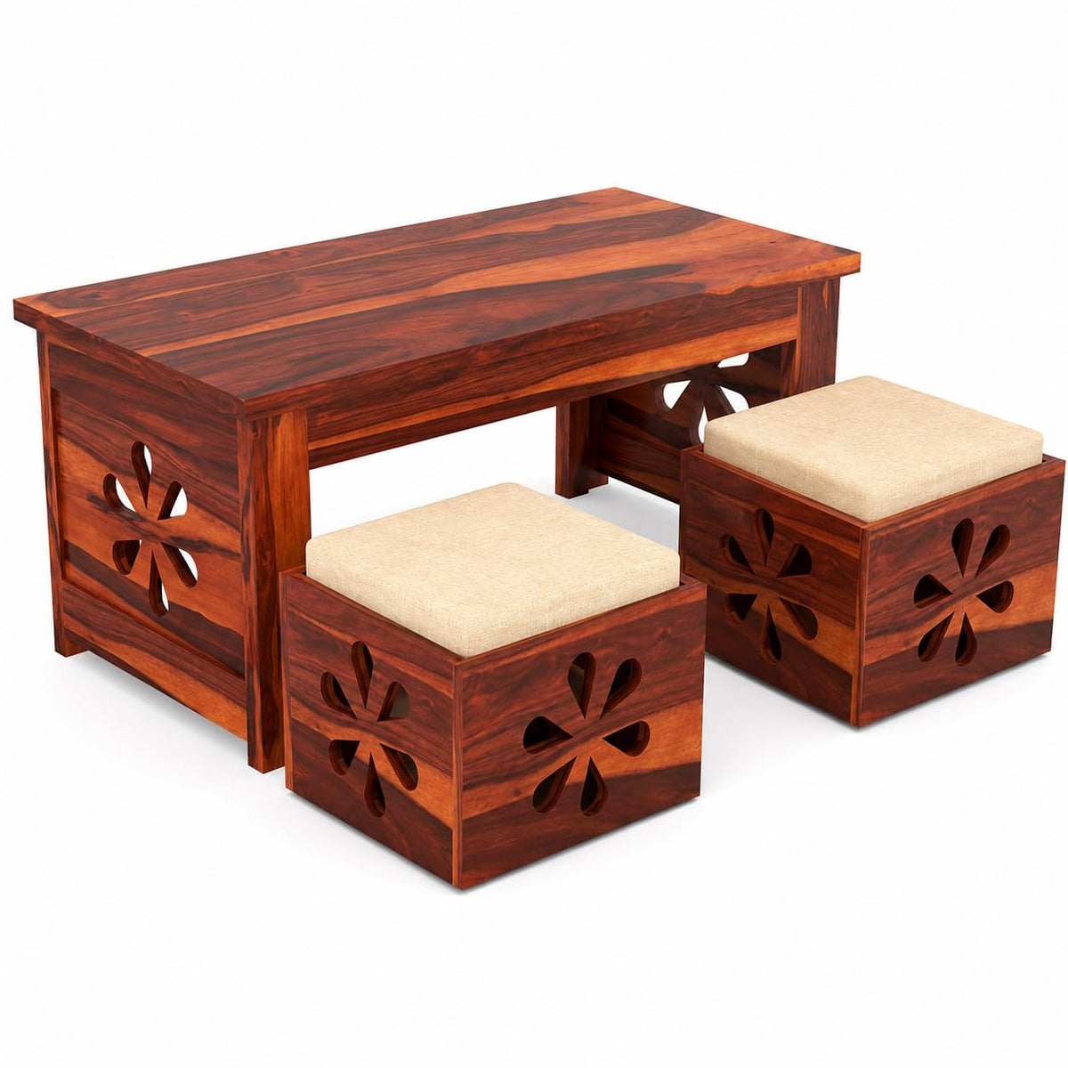 Bhagwati Art Sheesham Coffee Table with 2 Stools – Floral Jaali Design – view 3