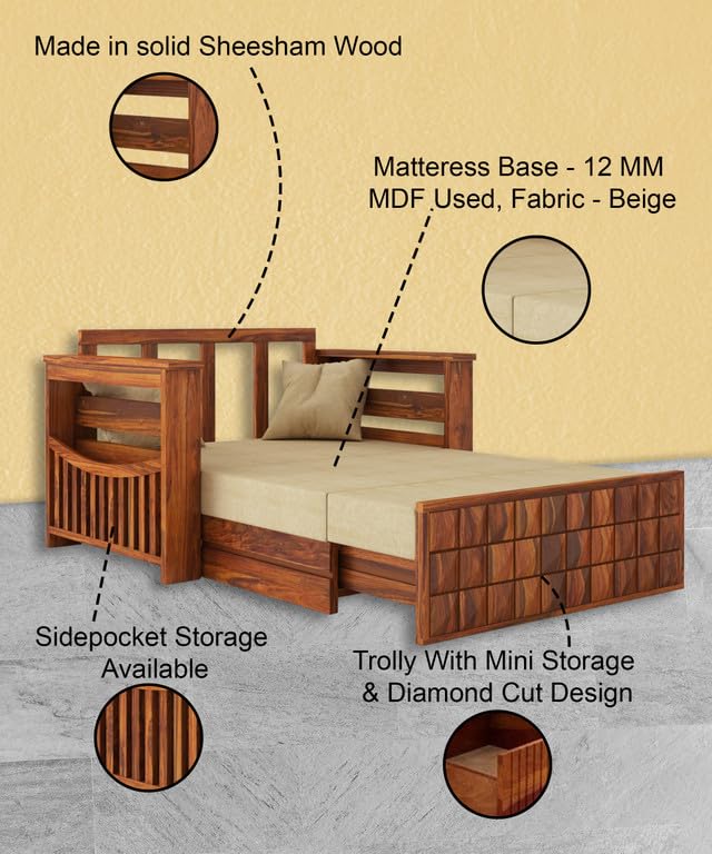2 seater sofa cum bed feature callouts, Honey finish