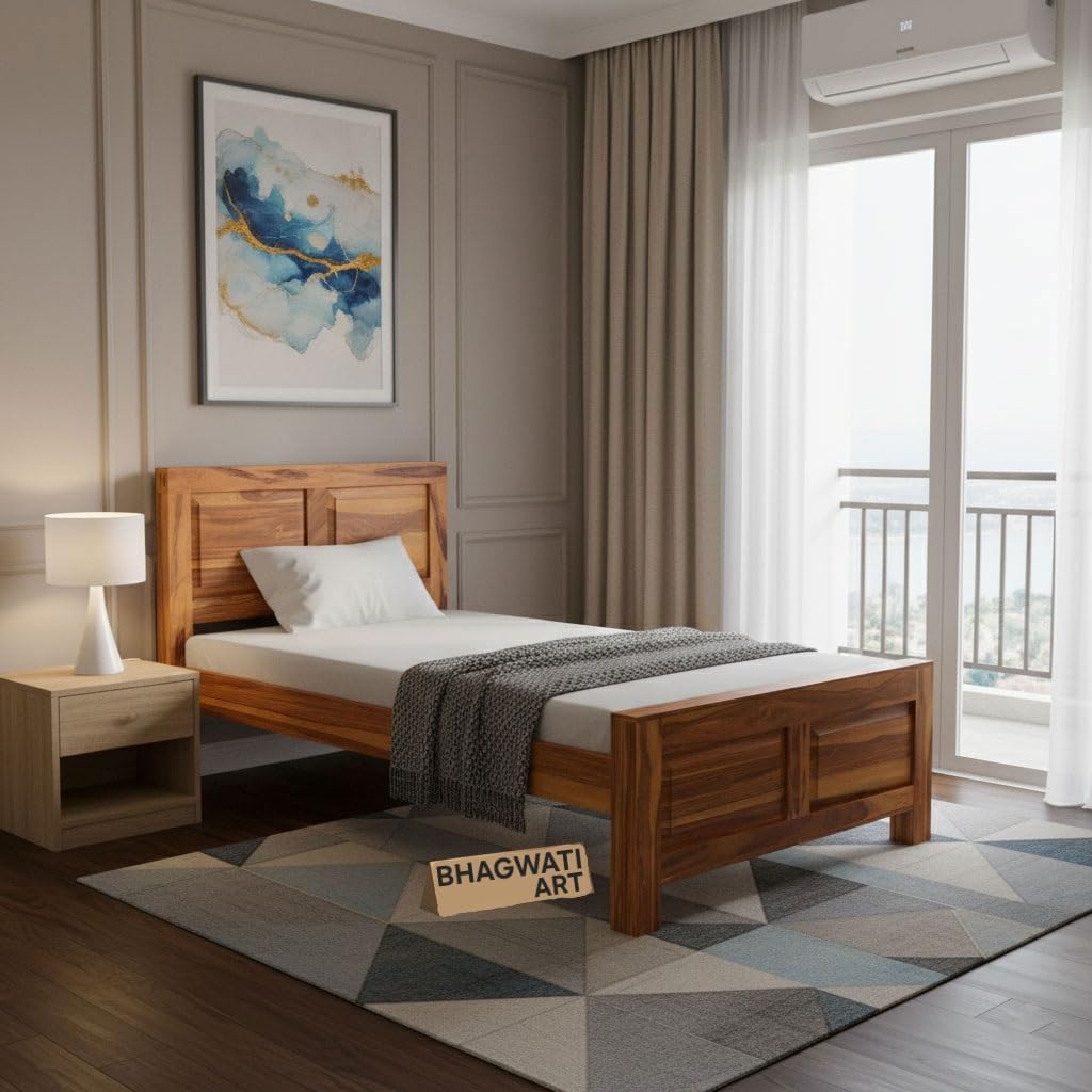 Bhagwati Art Sheesham Wood Single Bed without Storage – 2 Dalla Design in Honey Finish